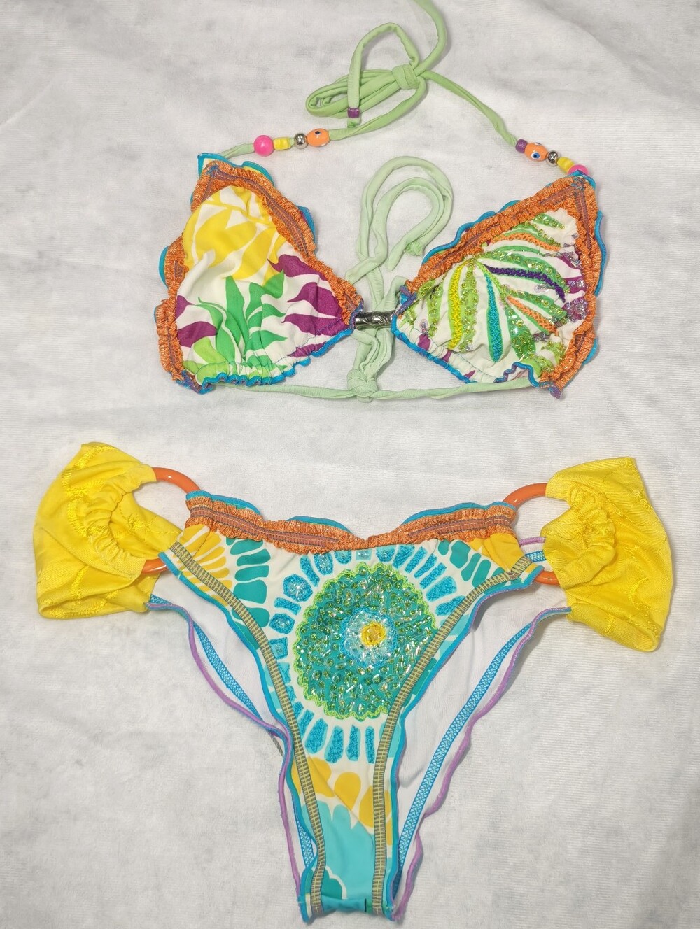 Rosa Mistica Y2k Columbian bikini beaded sequins green yellow blue orange purple